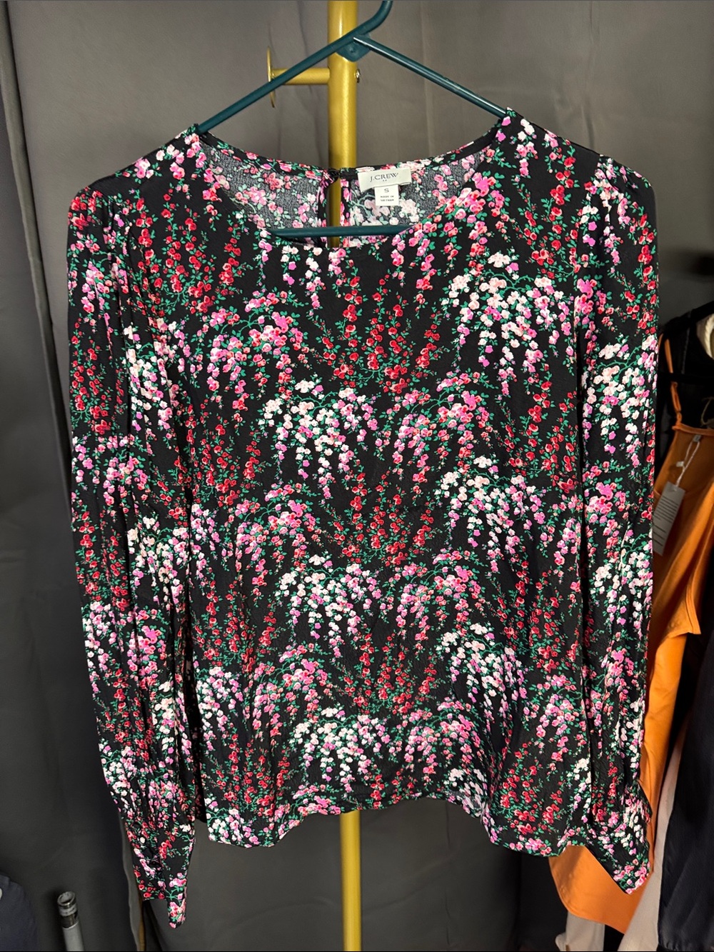 J. Crew Black Floral Long-Sleeve Blouse - Pink, White & Green Print